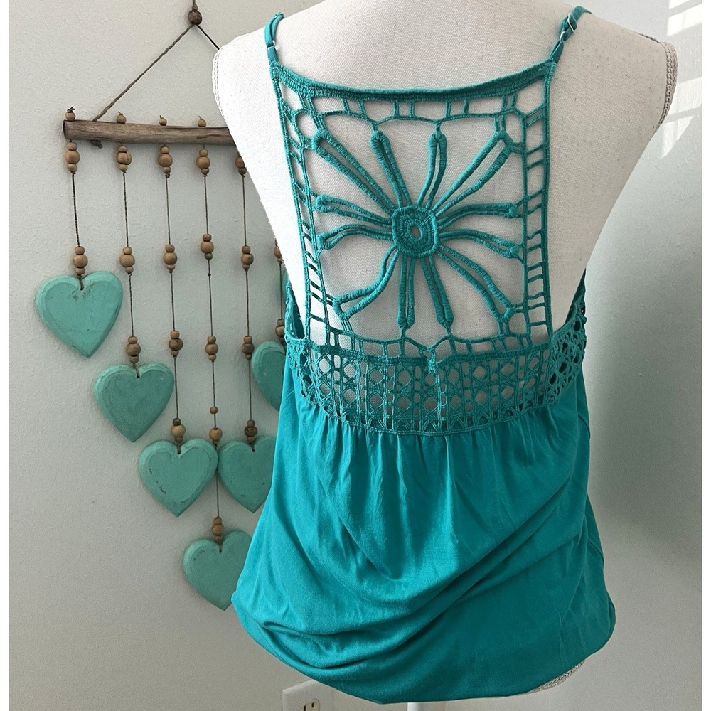 Y2k Express turquoise crochet back spaghetti strap camisole top M elastic waist